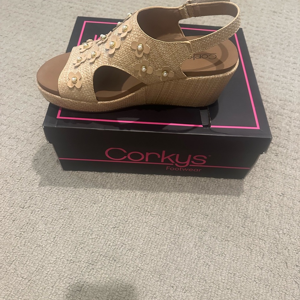 Corkys Tan Wedge Sandals with Floral Details